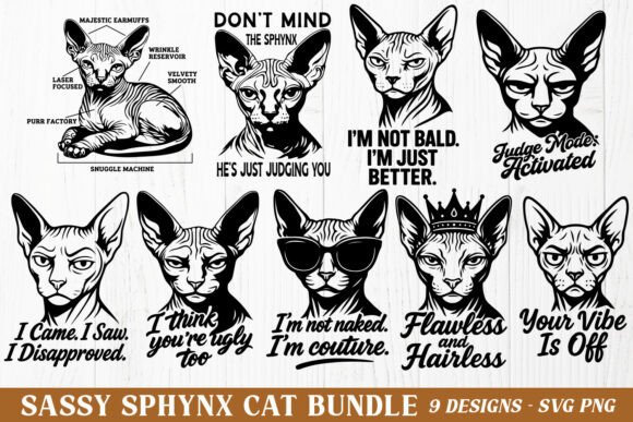 Sassy Sphynx Cat SVG Bundle Funny PNG for Graphics and Crafts